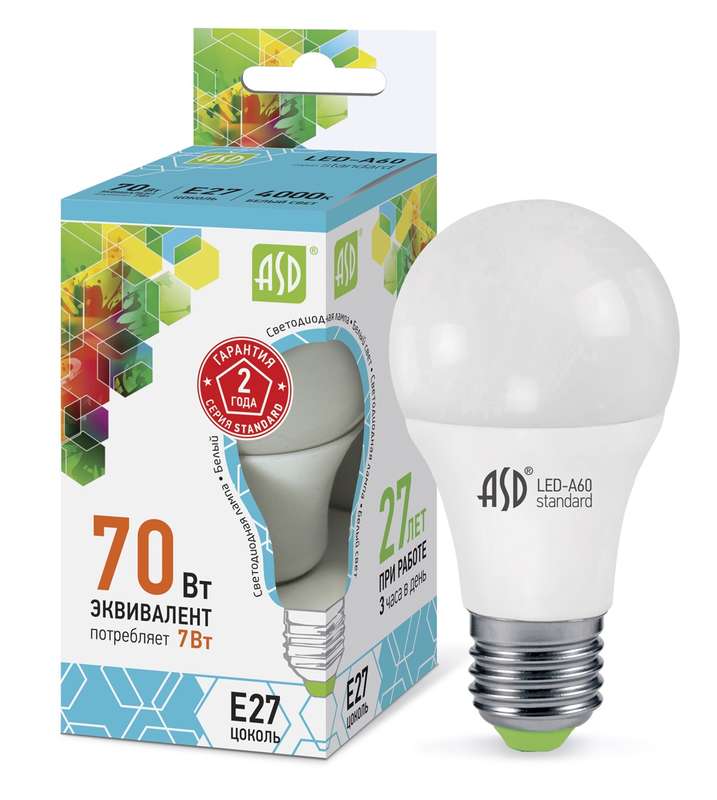 Лампа светодиодная LED-A60-standard 7Вт грушевидная 4000К бел. E27 630лм 160-260В ASD 4690612001678