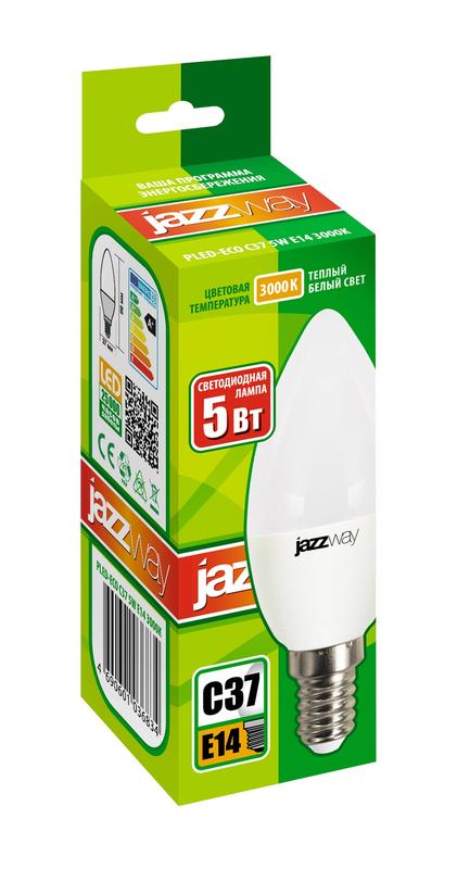 Лампа светодиодная PLED-ECO 5Вт C37 свеча 3000К тепл. бел. E14 400лм 220-240В JazzWay 1036834A