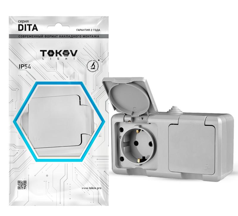 Розетка 2-м ОП Dita 16А IP54 250В с заземл. с крышкой сер. TOKOV ELECTRIC TKL-DT-R2Z-C06-IP54